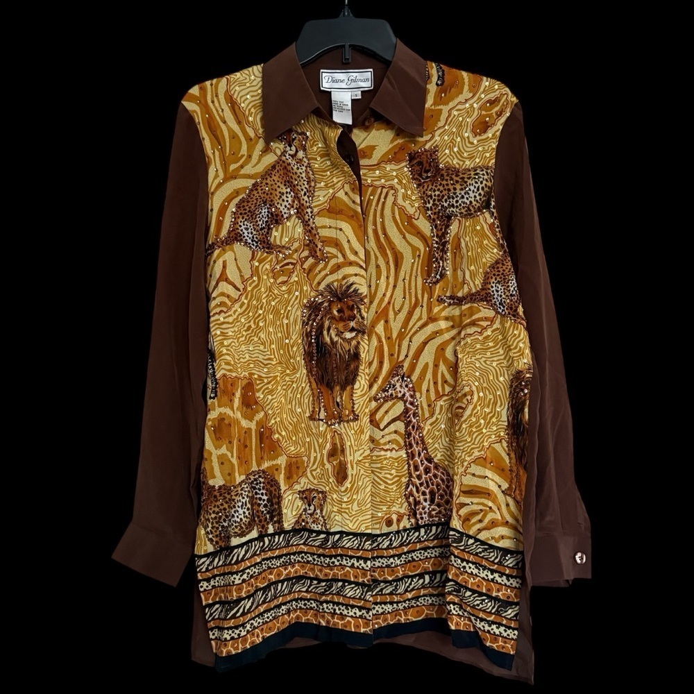 NWT Diane Gilman Sequin Silk Safari Print Button Up Blouse Size S Funky African